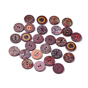 Printed Poplar Wood Buttons, 2-Hole, Dyed, Flat Round with Flower Pattern, Mixed Color, 19.5x2.5mm, Hole: 1.8mm