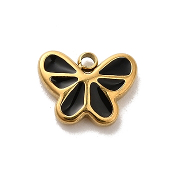 304 Stainless Steel Enamel Charms, Butterfly Charm, Real 14K Gold Plated, Black, 7x9.5x2mm, Hole: 1.2mm