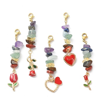 Chakra Gemstone Chip Beaded Pendant Decorations, Valentine's Day Alloy Enamel Charms and 304 Stainless Steel Lobster Claw Clasps, Heart & Rose, 62~67mm