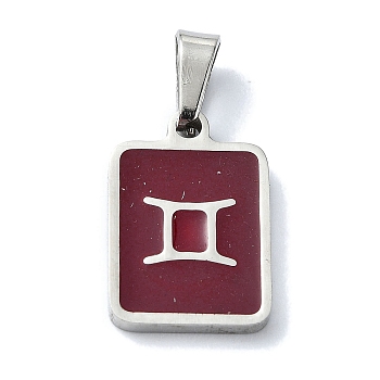304 Stainless Steel Pendants, with Enamel, Stainless Steel Color, Rectangle with Constellation Charms, Gemini, 16x11x1.5mm, Hole: 5.5x3mm