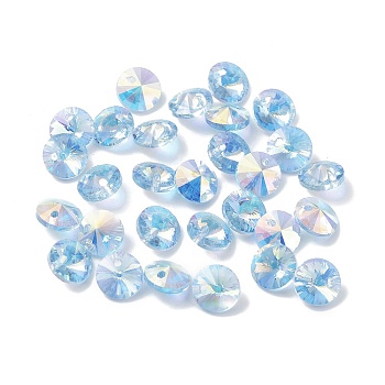 Electroplate Transparent Glass Beads, Half Rainbown Plated, Faceted Bicone, Deep Sky Blue, 8x4mm, Hole: 0.8mm