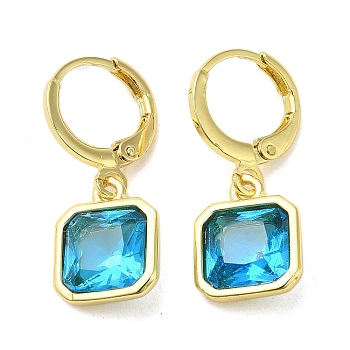 Real 18K Gold Plated Brass Dangle Leverback Earrings, with Square Glass, Deep Sky Blue, 25.5x10.5mm