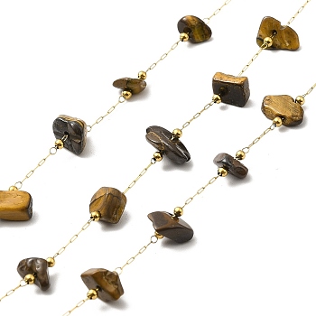 Ion Plating(IP) 316 Surgical Stainless Steel Paperclip Chains, with Natural Tiger Eye Nuggets Beads, Soldered, Real 18K Gold Plated, with Spool, 2.5x1x0.5mm