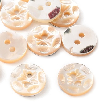 Carved Flower Natural Shell Buttons, 2-Hole Flat Round, Seashell Color, 11.5x2mm, Hole: 1.5mm