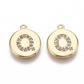 Brass Micro Pave Clear Cubic Zirconia Charms, Nickel Free, Real 18K Gold Plated, Flat Round, Letter.Q, 11.5x10x1mm, Hole: 0.9mm