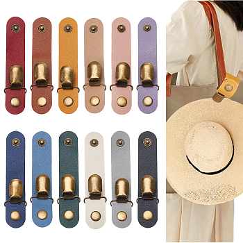 WADORN 12Pcs 12 Colors PU Leather Band Hat Clips, with Iron Clips, for Travel Bag Backpack, Mixed Color, 31x2.5x65mm, 1pc/color