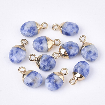 Electroplate Natural Blue Spot Jasper Charms, with Iron Findings, Faceted, Oval, Golden, 14~15x8x5~5.5mm, Hole: 1.8mm