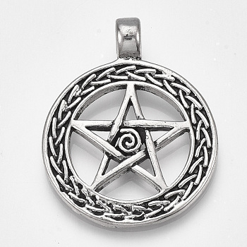 Tibetan Style Alloy Pendants, Wicca Pendants, Ring with Star, Antique Silver, 43.5x34x8.5mm, Hole: 5.5mm