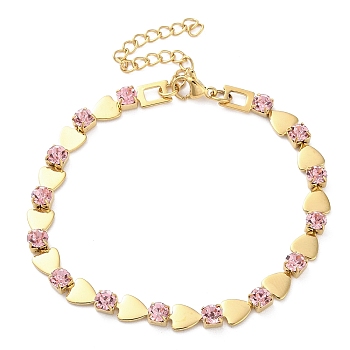 304 Stainless Steel Light Rose Rhinestone Link Chain Bracelets for Women, Real 18K Gold Plated, Heart, 7-1/2 inch(19cm), Heart: 7x6x4mm