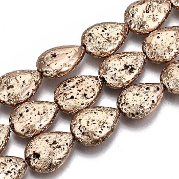 Electroplated Natural Lava Rock Bead Strands, Bumpy, Teardrop, Light Gold Plated, 15x11x5mm, Hole: 1.2mm, about 28pcs/strand, 15.75 inch(40cm)