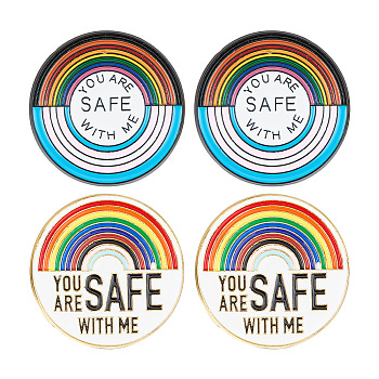 4Pcs 2 Styles Flat Round & Rainbow with Word You Are Safe with Me Enamel Pins, Alloy Brooches, Mixed Color, 14x2mm, 2pcs/style