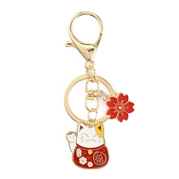 Chinese Style Alloy Enamel Keychains, with Iron Lobster Clasp and Rings, Cat with Flower, Red, 9.15cm