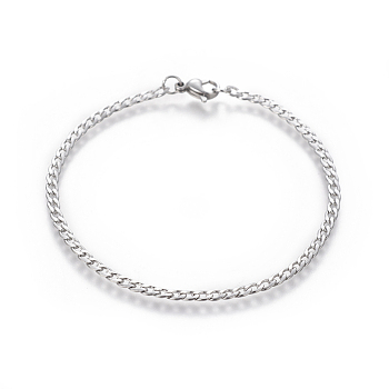 304 Stainless Steel Curb Chain Bracelets, with Lobster Claw Clasps, Stainless Steel Color, 8-1/8 inch(20.6cm), 3mm