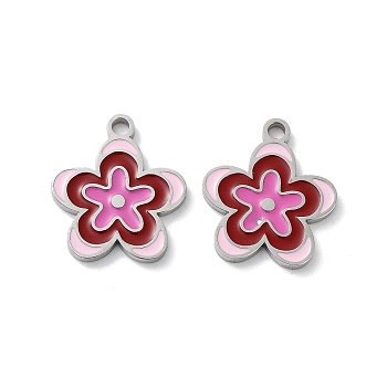 304 Stainless Steel Enamel Pendants, Flower Charm, Stainless Steel Color, Hot Pink, 17x15x1.5mm, Hole: 1.8mm
