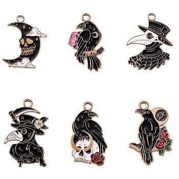 6Pcs 6 Style Light Gold Alloy Enamel Pendants, Gothic Style, Halloween Theme, Mixed Shapes, Mixed Color, 26~32x16~25x1~1.5mm, Hole: 1.8~2.2mm, 1pc/style