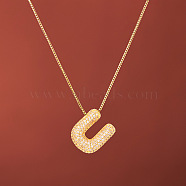 Brass Micro Pave Clear Cubic Zirconia Initial Pendant Necklaces for Women, Golden, Letter U, 15.75 inch(40cm)(FS-WGDC51D-21)