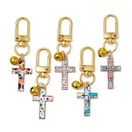 Cross Alloy Enamel Pendants Decorations, with Alloy Swivel Clasps and Brass Bell Charm, Mixed Color, 63mm, 5pcs/set(HJEW-JM01074)