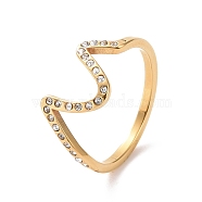 Crystal Rhinestone Wave Finger Ring, Ion Plating(IP) 304 Stainless Steel Jewelry for Women, Golden, US Size 7(17.3mm)(RJEW-D120-21B-G)