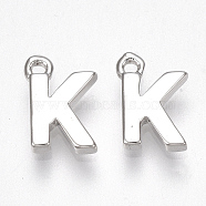 Brass Charms, Letter, Nickel Free, Real Platinum Plated, Letter.K, 8.5x6x1.5mm, Hole: 0.8mm(KK-S350-167K-P)