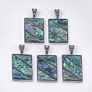 Abalone Shell/Paua Shell Big Pendants, with Resin Bottom and Alloy Findings, Rectangle, Antique Silver, 59.5~60x38x5.5mm, Hole: 15x7mm(RESI-S376-08)