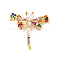 Brass Micro Pave Clear Cubic Zirconia Pendants, with Shell, Real 16K Gold Plated, Dragonfly, Colorful, 30~30.5x31x11mm, Hole: 2mm(FIND-Z041-15B)
