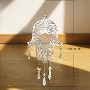 Metal Hollow Hamsa Hand with Eye Hanging Ornaments, Glass Cone Tassel Suncatchers for Garden Outdoor Decoration, Clear AB, 460x100mm(PW-WGE33F2-03)