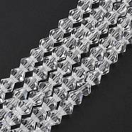 Imitation Austrian Crystal 5301 Bicone Beads, Faceted Glass Beads Strands, Clear, 6x6mm, Hole: 1.2mm, about 44~47pcs/strand, 24.5~25cm(GLAA-S026-6mm-07)