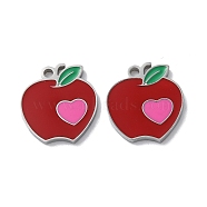 304 Stainless Steel Charms, with Enamel, Apple with Heart Charm, Stainless Steel Color, 14.5x13x1.5mm, Hole: 1.5mm(STAS-C083-19P-02)