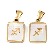 Constellations Natural White Shell Pendants, Ion Plating(IP) 304 Stainless Steel Rectangle Charms, Real 18K Gold Plated, Sagittarius, 16x10.5x1.5mm, Hole: 5x3mm(STAS-M338-01E-G)