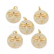 Brass Micro Pave Clear Cubic Zirconia Pendants, with Jump Ring, Long-Lasting Plated, Flat Round with Dragonfly, Real 18K Gold Plated, 22x19x3mm, Jump Rings: 5x1mm, 3mm Inner Diameter(ZIRC-L100-091G)