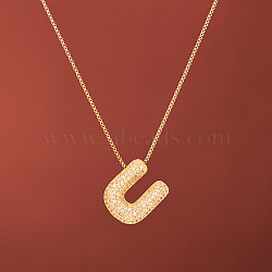 Brass Micro Pave Clear Cubic Zirconia Initial Pendant Necklaces for Women, Golden, Letter U, 15.75 inch(40cm)(FS-WGDC51D-21)