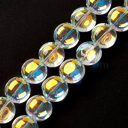 Transparent Electroplate Glass Bead Strands, AB Color Plated, Flat Round, Clear AB, 12x8mm, Hole: 1.2mm, about 50pcs/strand, 24.41''(62cm)(EGLA-P049-01A-AB02)