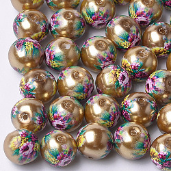 Printed & Spray Painted Imitation Pearl Glass Beads, Round with Flower Pattern, Dark Goldenrod, 10~10.5x9.5mm, Hole: 1.6mm(GLAA-S047-06B-04)