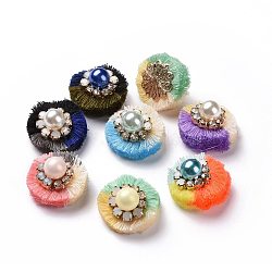 Polycotton(Polyester Cotton) Tassel Decoration Accessories, with Resin Imitation Pearl, Rhinestone and Iron Findings, Mixed Color, 25~27x17.5~18.5mm(FIND-S302-09)
