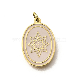 304 Stainless Steel Enamel Pendants, with Jump Ring, Oval with Star Charm, Real 18K Gold Plated, Ion Plating(IP), WhiteSmoke, 17x11.5x1.5mm, Hole: 2.5mm(STAS-R153-11G)