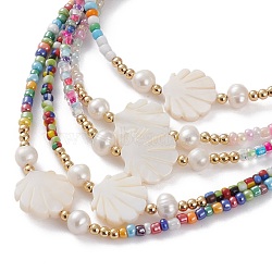 Natural Shell Beaded Necklaces, with Mixed Style Glass Seed Beads, Natural Pearl & Brass Round Beads, Golden, Mixed Color, 15.74 inch(40cm)(NJEW-JN03286)