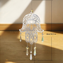 Metal Hollow Hamsa Hand with Eye Hanging Ornaments, Glass Cone Tassel Suncatchers for Garden Outdoor Decoration, Clear AB, 460x100mm(PW-WGE33F2-03)