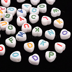 Opaque White Acrylic Beads, Horizontal Hole, Heart with Mixed Color Random Mixed Letters, 7x7x4mm, Hole: 1.5mm, about 3400~3500pcs/500g(MACR-Q242-004)