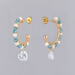 Dangle Stud Earrings, Half Hoop Earrings, with Glass Beads, Glass Pearl Beads, Clear Cubic Zirconia Charms, Real 18K Gold Plated Brass Stud Earring Findings and Ear Nuts, Heart, Dark Sea Green, 35mm, Pin: 0.7mm(EJEW-JE04058-02)