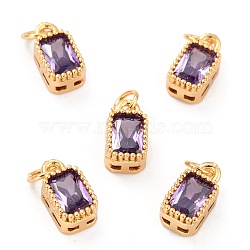 Real 18K Gold Plated Brass Inlaid Cubic Zirconia Charms, with Jump Ring, Long-Lasting Plated, Rectangle, Purple, 9.5x5x3.5mm, Jump Ring: 4x0.5mm, 2.5mm Inner Diameter(ZIRC-L100-075G-01)