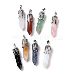 Natural & Synthetic Gemstone Big Pointed Pendants, with Platinum Tone Brass Findings, Cadmium Free & Lead Free, Bullet with Leaf, 53.5~57x14~15x14~15mm, Hole: 7x4mm(G-E059-03AS)