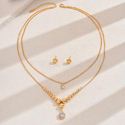 Fashionable Vintage Brass Flat Round Double-layer Pendant Necklace & Stud Earring Set for Women, Real 18K Gold Plated(WZ9346-2)