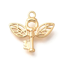 Brass Pendants, Wings Key Charms, Real 18K Gold Plated, 16x17x2.5mm, Hole: 1.6mm(KK-B127-05G)