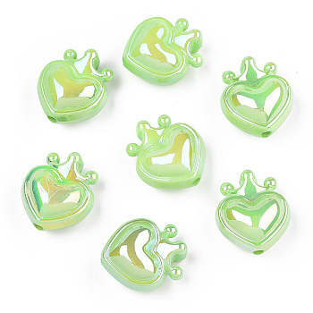 UV Plating Opaque Rainbow Iridescent Acrylic Beads, Heart with Crown, Light Green, 24.5x21.5x14mm, Hole: 3mm