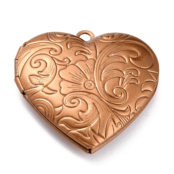 304 Stainless Steel Locket Pendants, Photo Frame Pendants for Necklaces, Heart with Flower, Red Copper, 29x28.5x7mm, Hole: 2.1mm