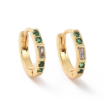 Green Cubic Zirconia Rectangle Hoop Earrings, Brass Jewelry for Women, Cadmium Free & Nickel Free & Lead Free, Real 18K Gold Plated, 13x14x2mm, Pin: 0.8mm