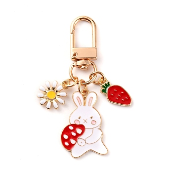 Alloy Enamel Pendant Keychains, with Alloy Key Clasps, Flower & Rabbit & Carrot, Red, 6.5cm