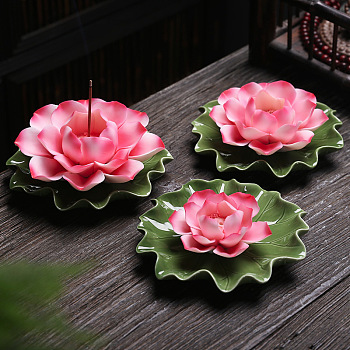 Porcelain Incense Burners, Lotus Incense Holders, Home Office Teahouse Zen Buddhist Supplies, Hot Pink, 110x45mm