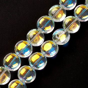 Transparent Electroplate Glass Bead Strands, AB Color Plated, Flat Round, Clear AB, 12x8mm, Hole: 1.2mm, about 50pcs/strand, 24.41''(62cm)