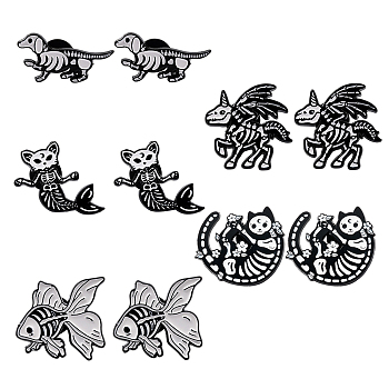 SUNNYCLUE 10Pcs 5 Style Alloy Enamel Brooches, with Clutches & Enamel Pin, Cat & Cat Mermaid & Unicorn & Goldfish & Dog, Electrophoresis Black, Black, 5 Style, 2pcs/style, 10pcs/box